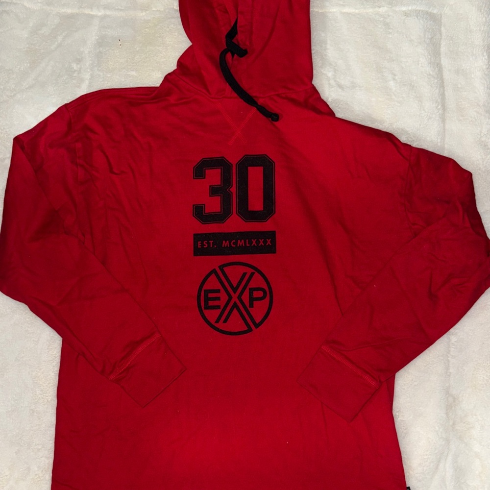 Express Red Pullover Hoodie with Black Accent Graphics